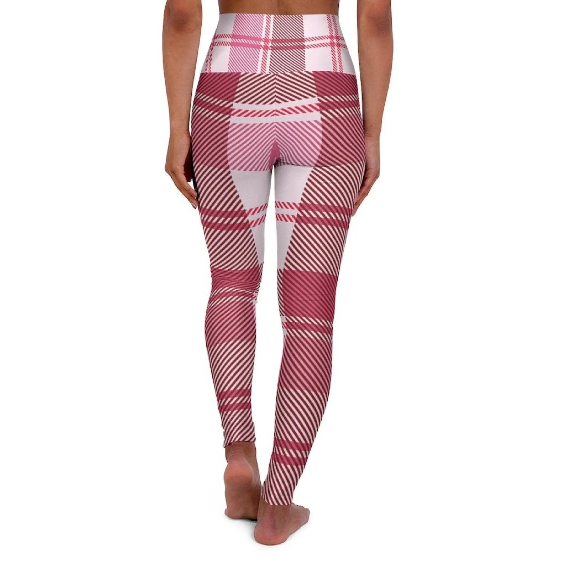 Womens Leggings, Pink And White Plaid Style High Waisted Fitness Pants